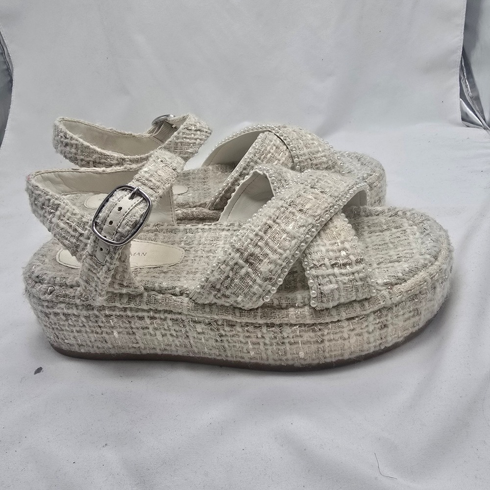 Stuart Weitzman Goldie Tweed Platform Sandals Women 8.5 Cream Pearl S1303